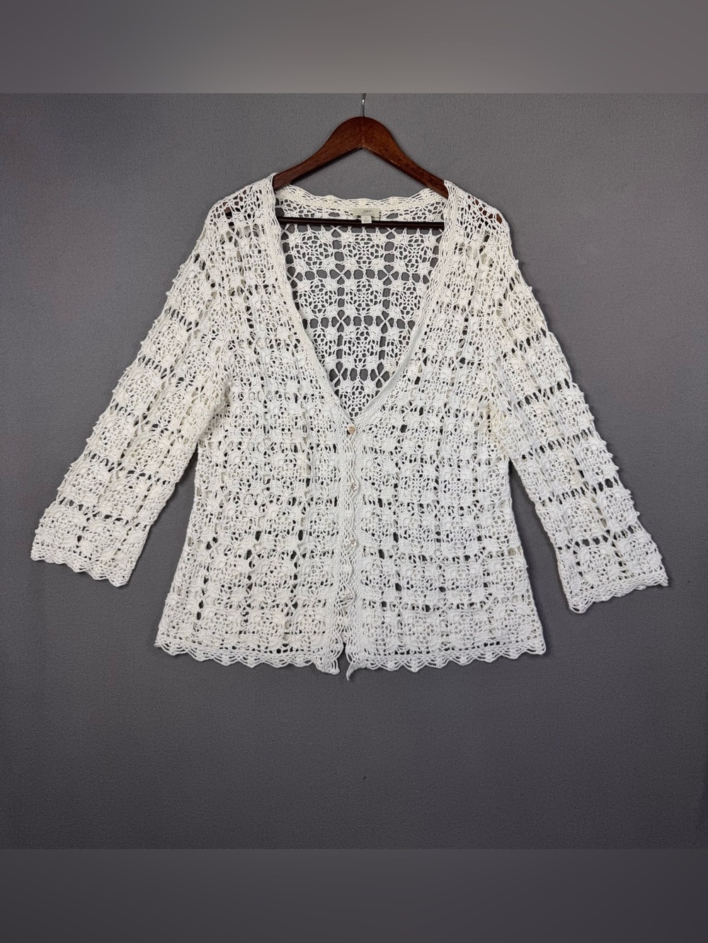 Cottagecore Feminine Boho Vintage J.Jill Hand Crochet Cotton Linen Cardigan, L